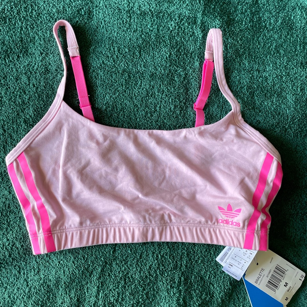 NWT Adidas Women's Light Pink Sports Bra with Bright Pink Stripes